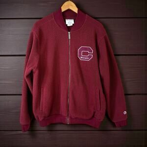 CHAMPION Men Full Zip Letterman Varsity Sherpa Bomber Jacket Burgundy Streetwear